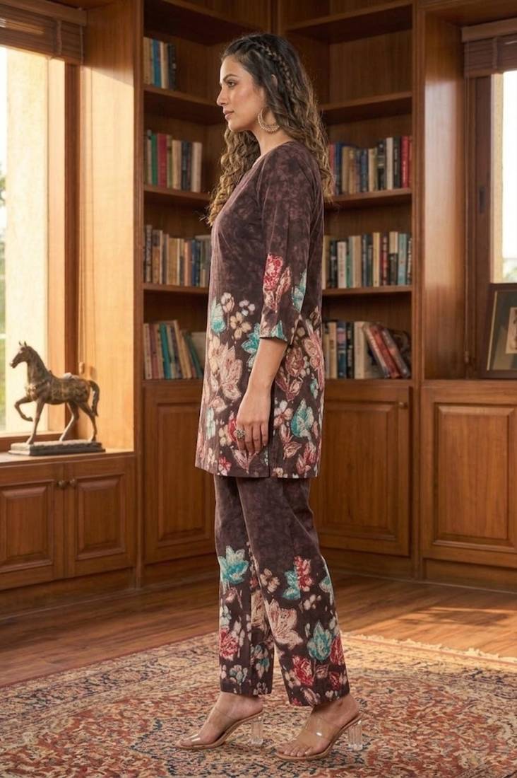 Women's dark brown floral printed co-ord set