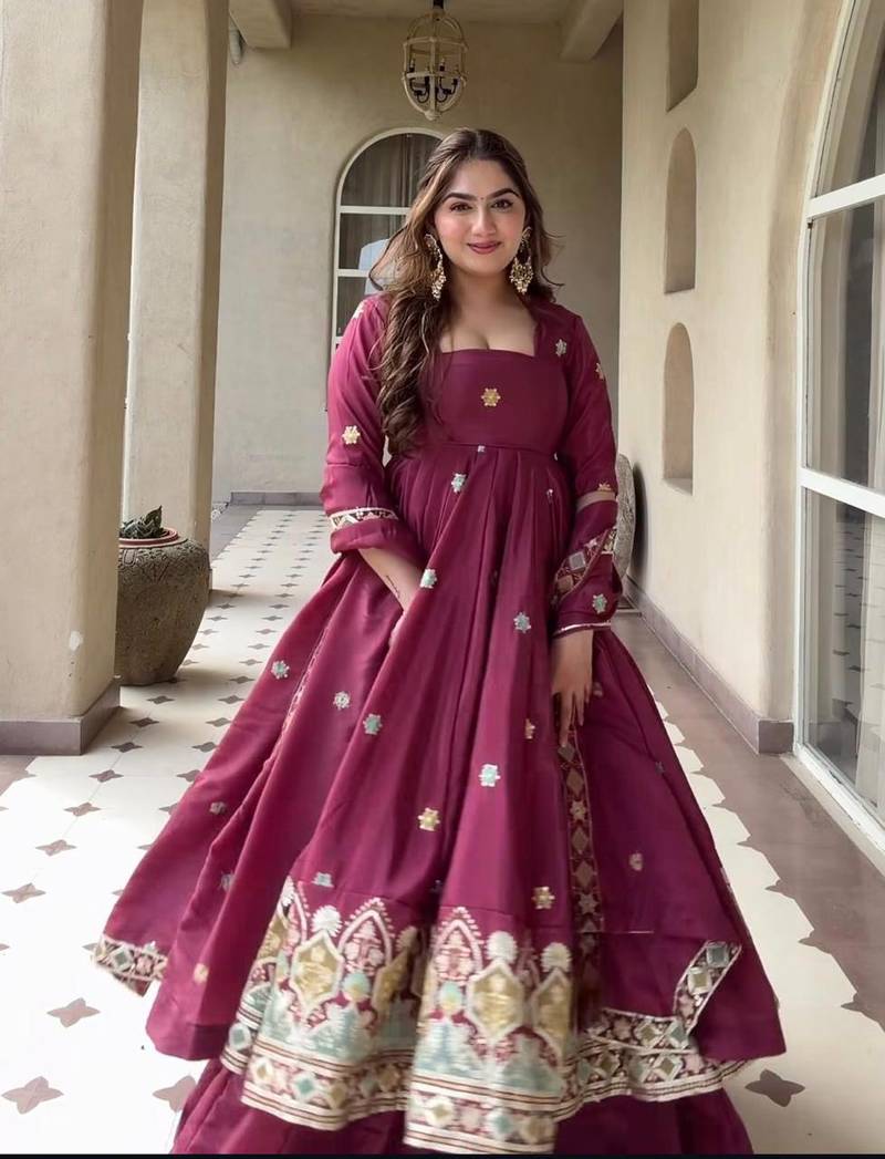 Rani Pink Color Embroidery Work Silk Blend Salwar Suit