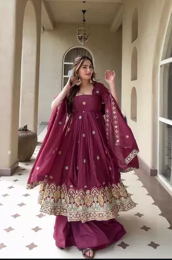 Rani Pink Color Embroidery Work Silk Blend Salwar Suit