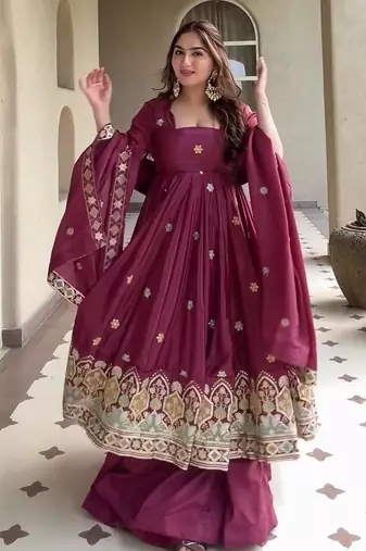 Rani Pink Color Embroidery Work Silk Blend Salwar Suit
