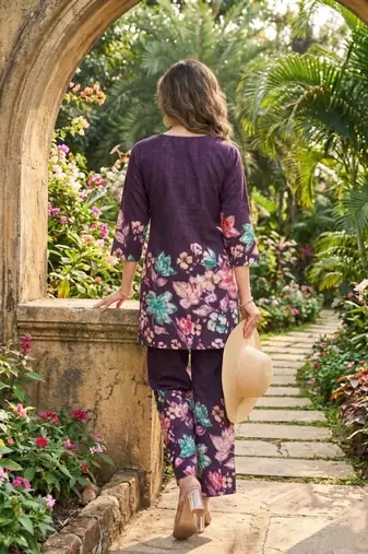 Purple floral printed ethnic co-ord set