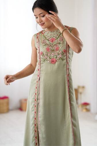 elegant pista green georgette embroidered straight kurta with coordinated tapered pants set