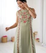 elegant pista green georgette embroidered straight kurta with coordinated tapered pants set
