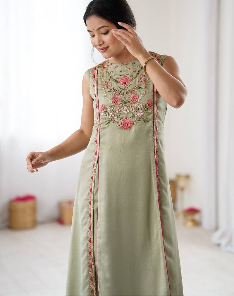 elegant pista green georgette embroidered straight kurta with coordinated tapered pants set