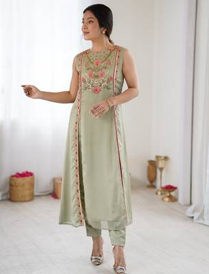 elegant pista green georgette embroidered straight kurta with coordinated tapered pants set 3