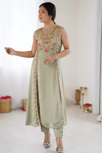 elegant pista green georgette embroidered straight kurta with coordinated tapered pants set