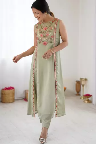 elegant pista green georgette embroidered straight kurta with coordinated tapered pants set