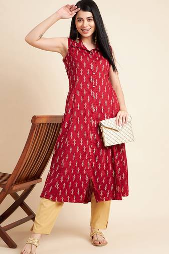 Women floral printed sleeveless cotton a-line kurta