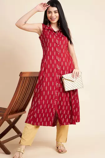 Women floral printed sleeveless cotton a-line kurta