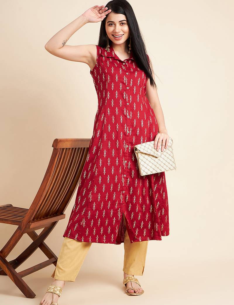 Women floral printed sleeveless cotton a-line kurta