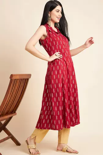 Women floral printed sleeveless cotton a-line kurta