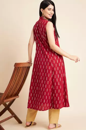 Women floral printed sleeveless cotton a-line kurta