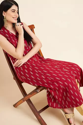 Women floral printed sleeveless cotton a-line kurta