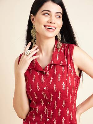 Women floral printed sleeveless cotton a-line kurta 5