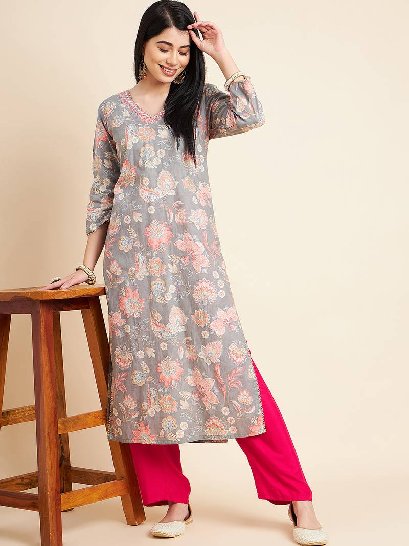 All about you floral printed cotton straight kurta