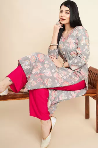 All about you floral printed cotton straight kurta