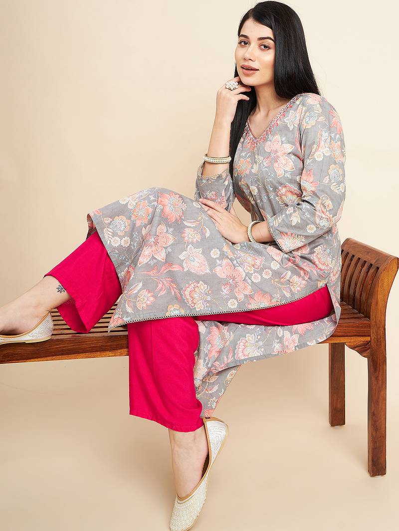 All about you floral printed cotton straight kurta