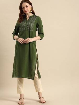 women olive green geometric yoke design pure cotton kurta 1