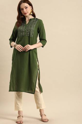 women olive green geometric yoke design pure cotton kurta