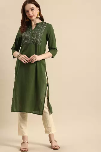 women olive green geometric yoke design pure cotton kurta