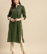women olive green geometric yoke design pure cotton kurta