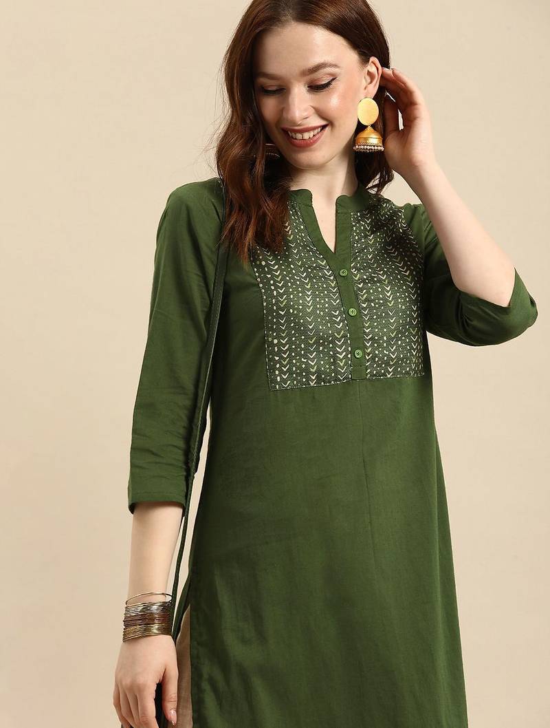 women olive green geometric yoke design pure cotton kurta