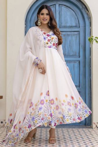  off-white organza floral printed anarkali gown set with dupatta & pant