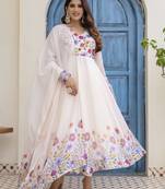  off-white organza floral printed anarkali gown set with dupatta & pant
