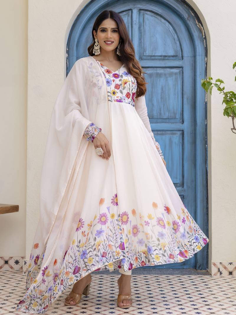  off-white organza floral printed anarkali gown set with dupatta & pant