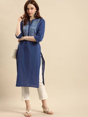 women blue geometric yoke design cotton kurta 1