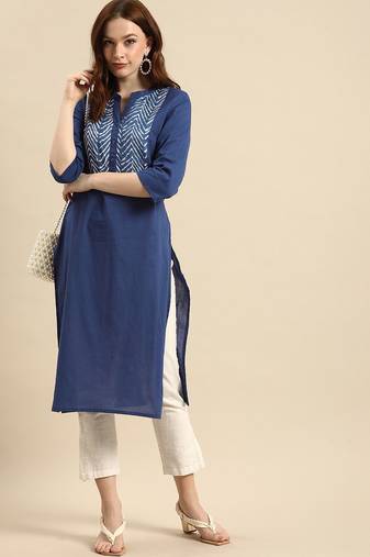women blue geometric yoke design cotton kurta