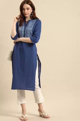 women blue geometric yoke design cotton kurta