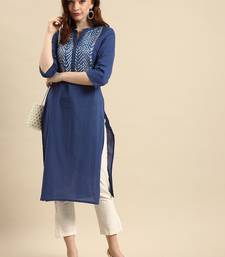 women blue geometric yoke design cotton kurta