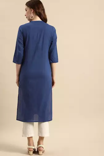 women blue geometric yoke design cotton kurta