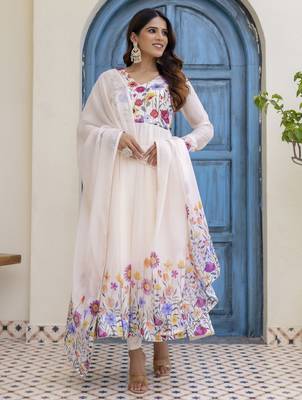  off-white organza floral printed anarkali gown set with dupatta & pant 2