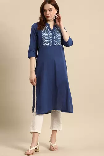 women blue geometric yoke design cotton kurta