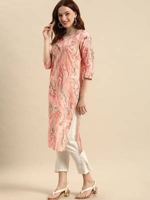 women peach-coloured & red printed cotton kurta 1