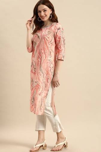 women peach-coloured & red printed cotton kurta
