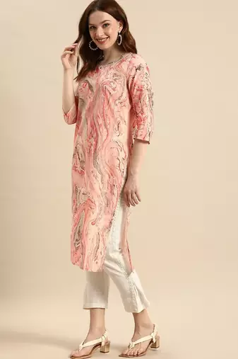 women peach-coloured & red printed cotton kurta