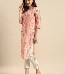 women peach-coloured & red printed cotton kurta