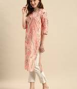 women peach-coloured & red printed cotton kurta