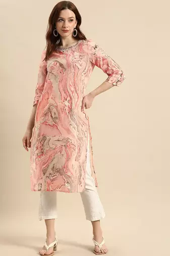 women peach-coloured & red printed cotton kurta