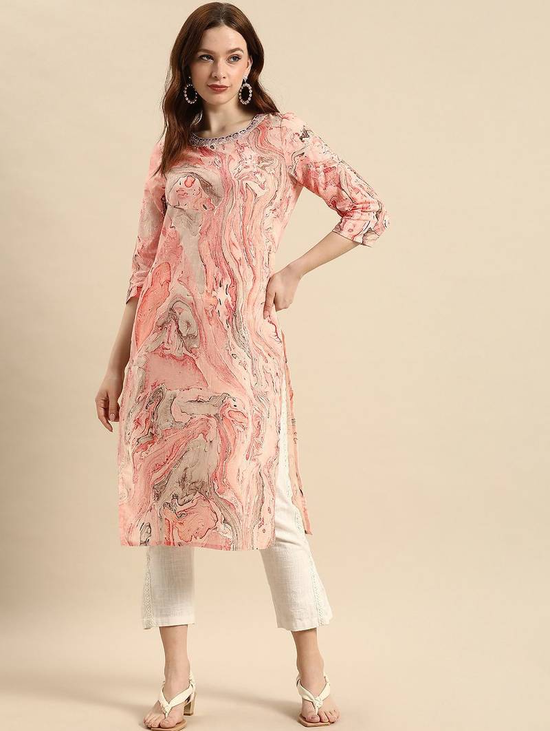 women peach-coloured & red printed cotton kurta