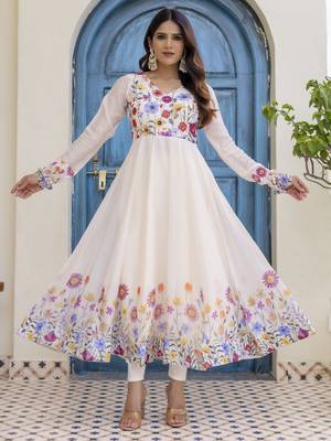  off-white organza floral printed anarkali gown set with dupatta & pant 4