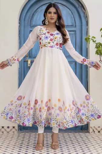  off-white organza floral printed anarkali gown set with dupatta & pant