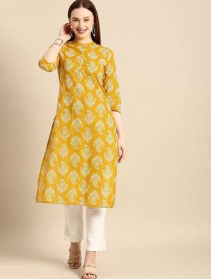 women yellow & white ethnic motifs printed regular kurta 1