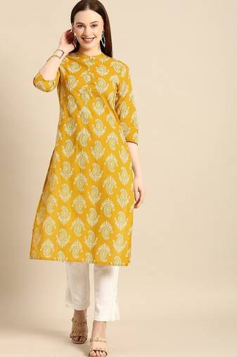 women yellow & white ethnic motifs printed regular kurta