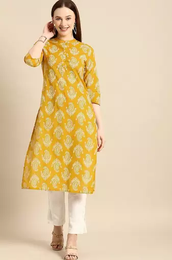 women yellow & white ethnic motifs printed regular kurta