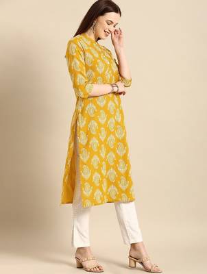 women yellow & white ethnic motifs printed regular kurta 2