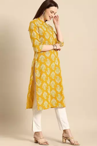 women yellow & white ethnic motifs printed regular kurta
